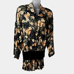 Norma Walters Dress Blouson 100% Silk Floral Multicolor Pleated Flapper Size 12